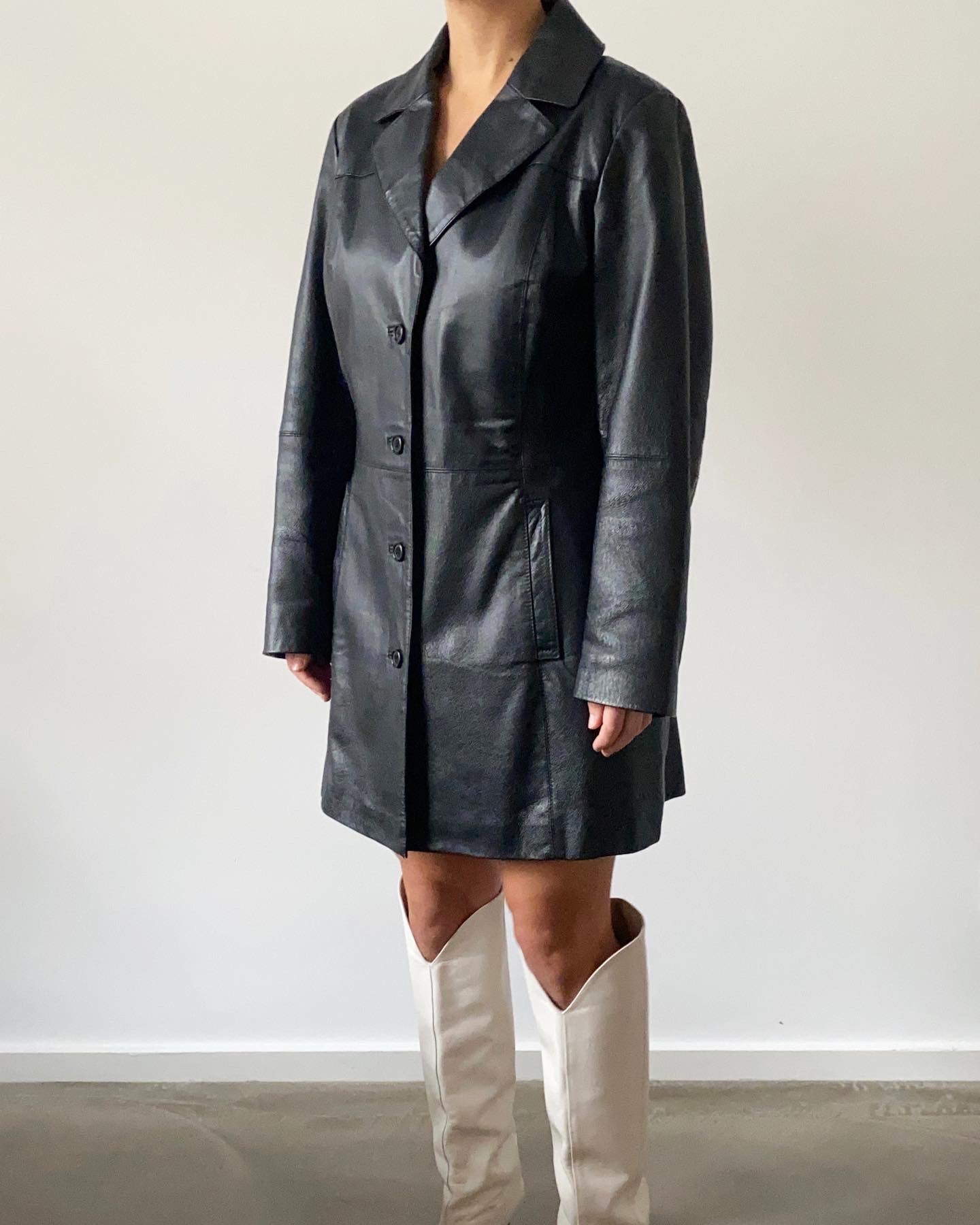 90ies leather coat black